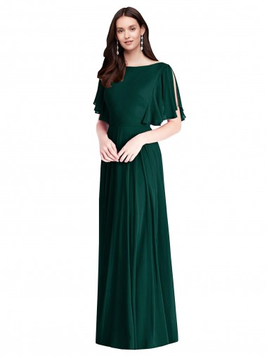 Cheapest Ever Green Bateau Neck Bell Sleeves V-Back A-Line Semi Formal Evening Dress