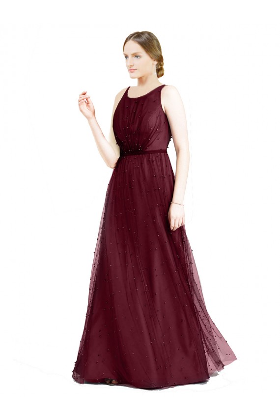 Burgundy Boat Neck Sleeveless Keyhole Back A-Line Semi Formal Evening Dress
