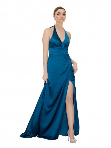Cheapest Peacock Blue Halter Neck Sleeveless Open Back A-Line Formal Evening Dress