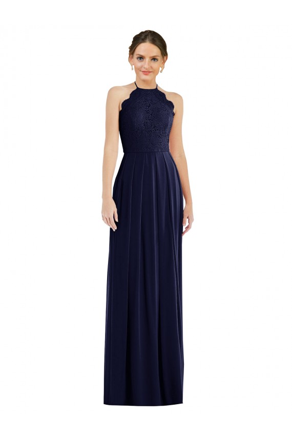Dark Navy Halter Neck Sleeveless Open Back A-Line Semi Formal Evening Dress