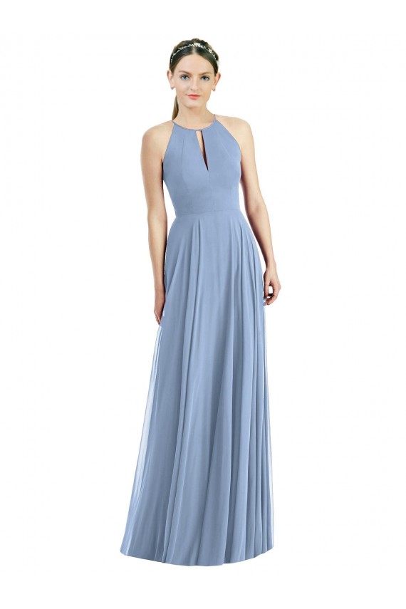 Dusty Blue Halter Neck Sleeveless A-Line Semi Formal Evening Dress