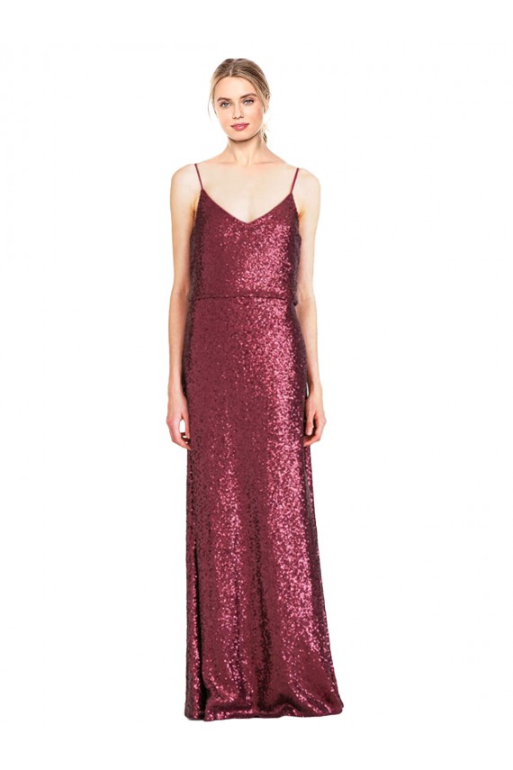 Burgundy High Neck Sleeveless Sequin A-Line Formal Evening Dress