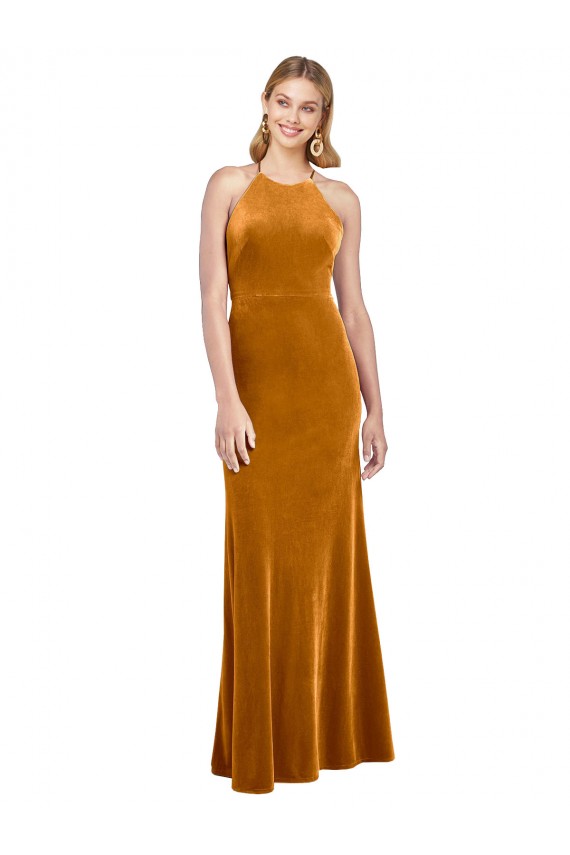 Gold High Neck Sleeveless Open Back A-Line Formal Evening Dress