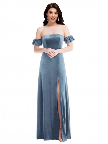 Cheapest Dusty Blue Off the Shoulder Ruffle Sleeves Low Back A-Line Formal Dress