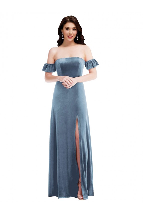 Dusty Blue Off the Shoulder Ruffle Sleeves Low Back A-Line Formal Dress