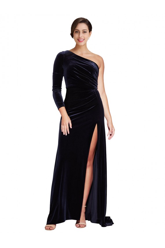 Dark Navy One Shoulder Long Sleeves A-Line Formal Evening Dress