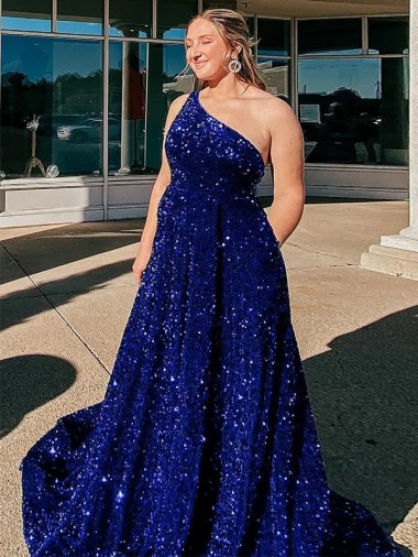 Cheapest Royal Blue One Shoulder Sleeveless A-Line Evening Dress