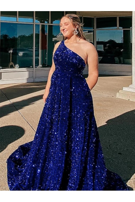 Royal Blue One Shoulder Sleeveless A-Line Evening Dress