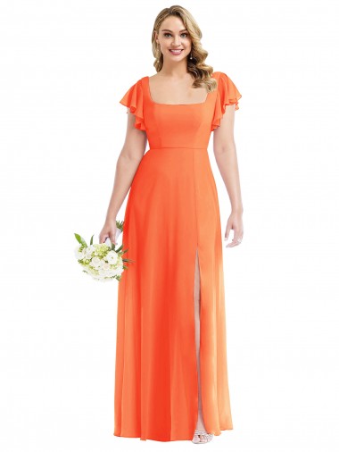 Cheapest Tangerine Tango Square Neck Flutter Sleeves Open Back A-Line Semi Formal Evening Dress