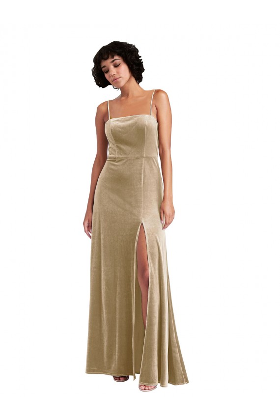 Champagne Square Neck Sleeveless Low Back A-Line Formal Evening Dress