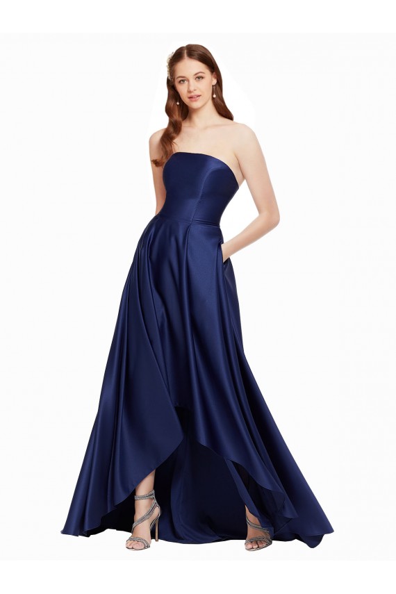 Dark Navy Strapless Sleeveless Low Back A-Line High Low Evening Dress