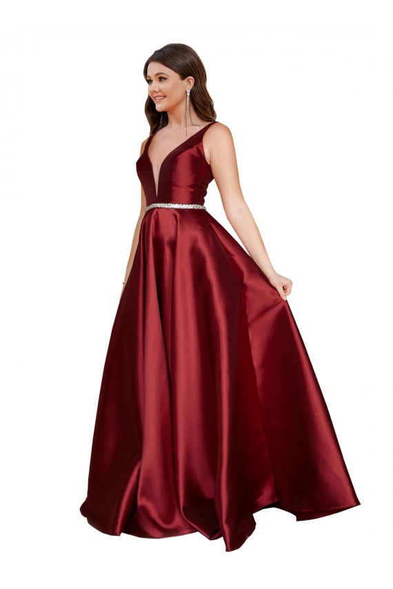 Burgundy V-Neck Sleeveless V-Back A-Line Plus Size Formal Evening Dress