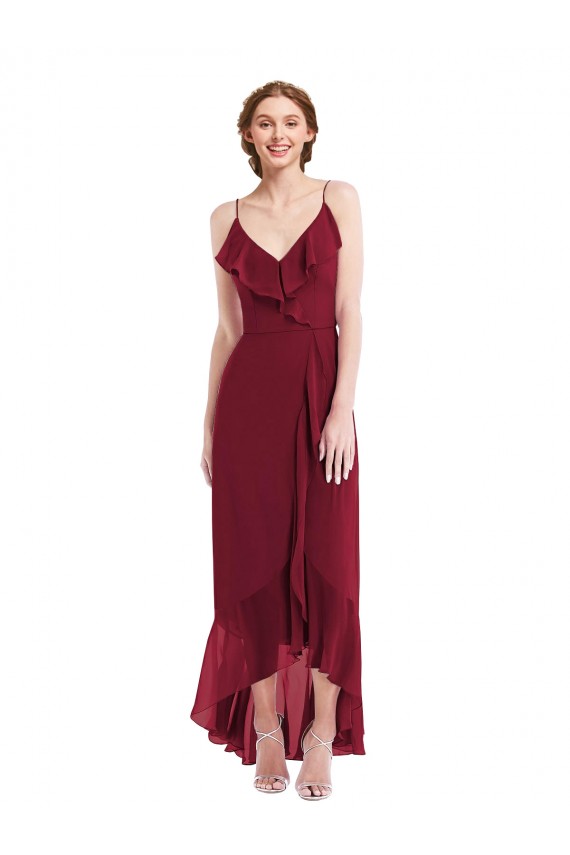Burgundy V-Neck Sleeveless Low Back A-Line High Low Evening Dress