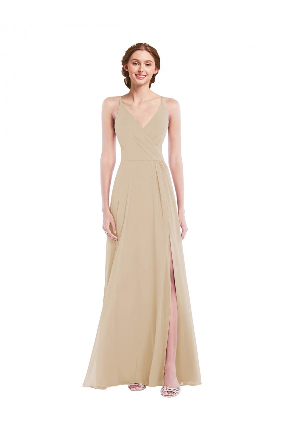 Champagne V-Neck Sleeveless Open Back A-Line Semi Formal Evening Dress