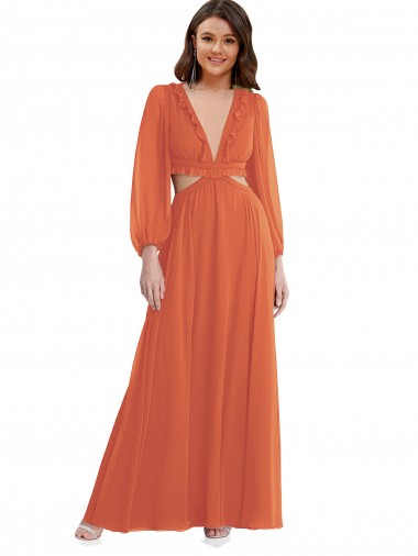 Cheapest Firecracker V-Neck Long Sleeves Open Back A-Line High Low Evening Dress