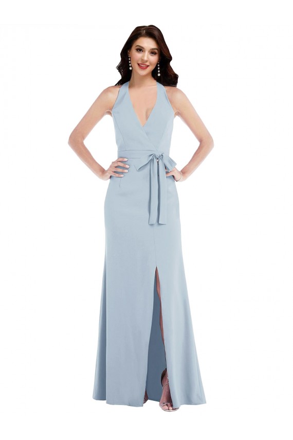 Light Sky Blue V-Neck Sleeveless Open Back A-Line Formal Evening Dress