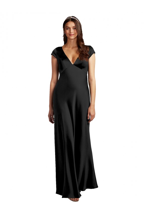 Black V-Neck Cap Sleeves Keyhole Back A-Line Formal Evening Dress