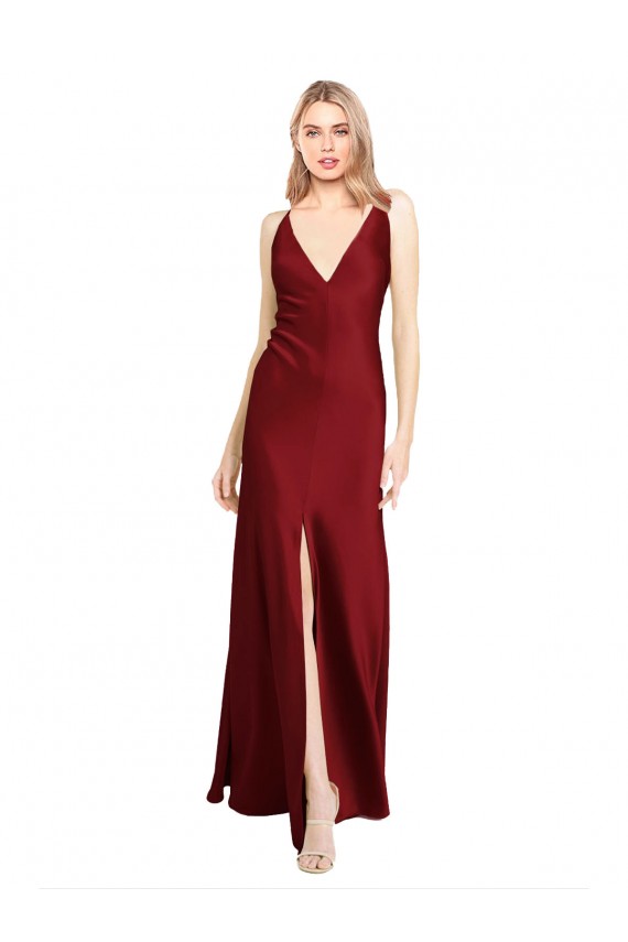 Burgundy V-Neck Sleeveless V-Back A-Line Black Tie Evening Dress