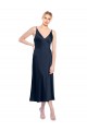Dark Navy V-Neck Sleeveless V-Back Stretch Satin A-Line Formal Evening Dress