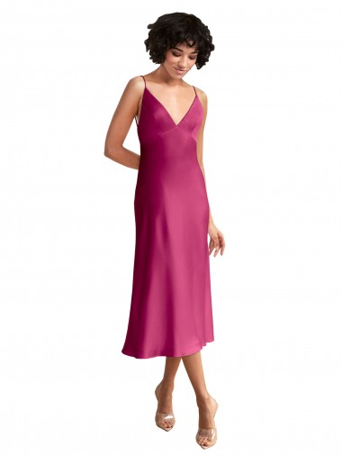 Cheapest Fuchsia V-Neck Sleeveless Low Back Stretch Satin A-Line Formal Evening Gown