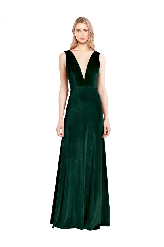 Dark Green V-Neck Sleeveless V-Back A-Line Evening Dress