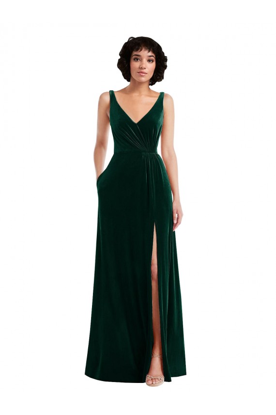 Dark Green V-Neck Sleeveless V-Back A-Line Evening Gown