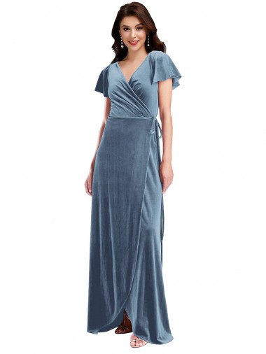 Cheapest Dusty Blue V-Neck Flutter Sleeves A-Line Black Tie Evening Dress