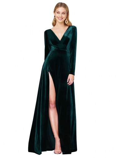 Cheapest Dark Green V-Neck Long Sleeves A-Line Black Tie Evening Dress