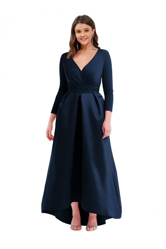 Dark Navy V-Neck Long Sleeves Ball Dress High Low Plus Size Evening Dress