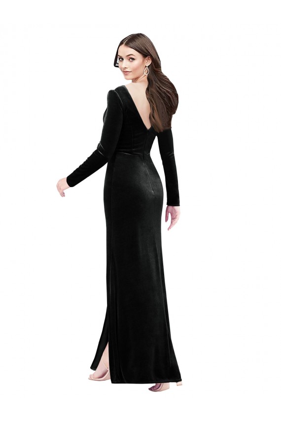 Black V-Neck Long Sleeves V-Back Column Formal Evening Dress