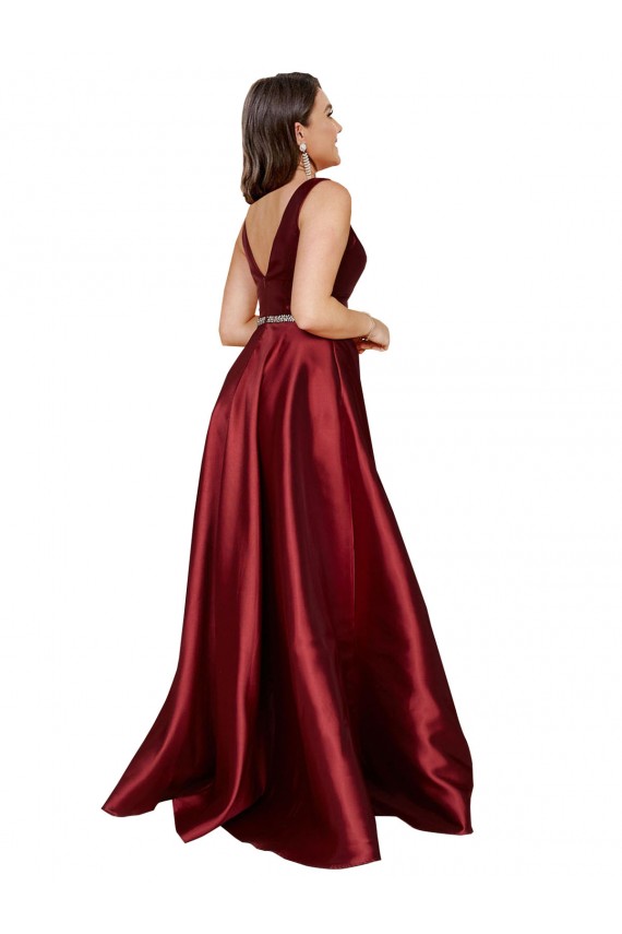 Burgundy V-Neck Sleeveless V-Back A-Line Plus Size Formal Evening Dress