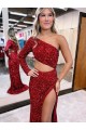 Burgundy One Shoulder Long Sleeves Mermaid Evening Dress
