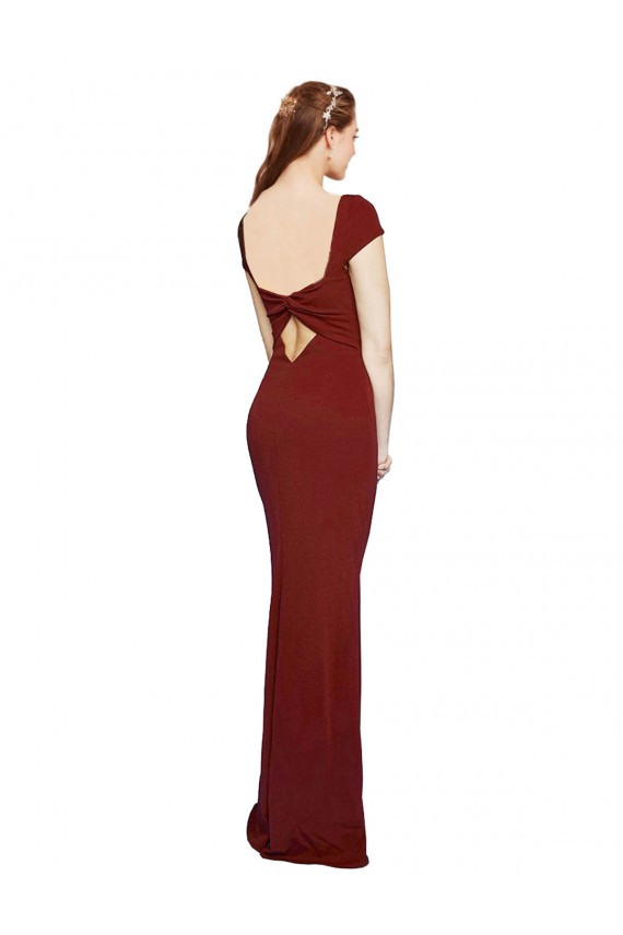 Burgundy Round Neck Cap Sleeves Keyhole Back Mermaid Formal Evening Dress