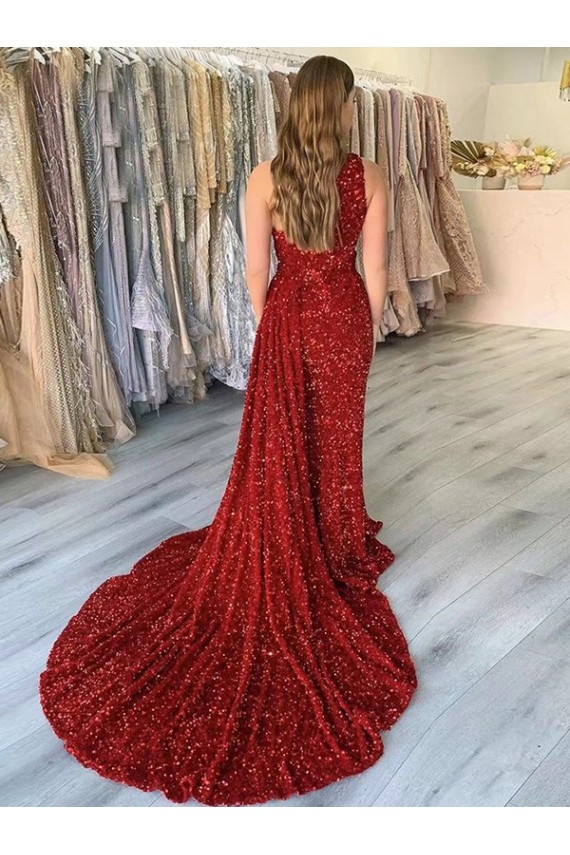 Burgundy One Shoulder Sleeveless Velvet Sequin Sheath Evening Dress