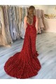Burgundy One Shoulder Sleeveless Velvet Sequin Sheath Evening Dress
