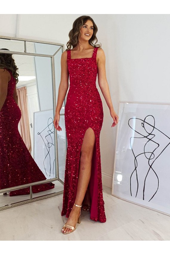 Burgundy Square Neck Sleeveless Sheath Evening Dress