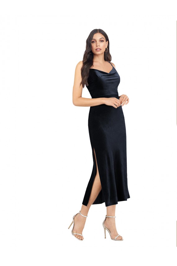 Dark Navy Cowl Neck Sleeveless Low Back Column Formal Evening Dress