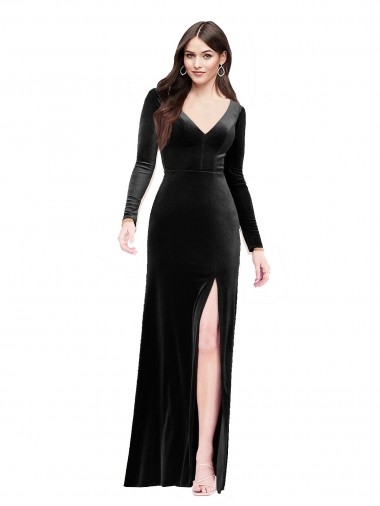 Cheapest Black V-Neck Long Sleeves V-Back Column Formal Evening Dress