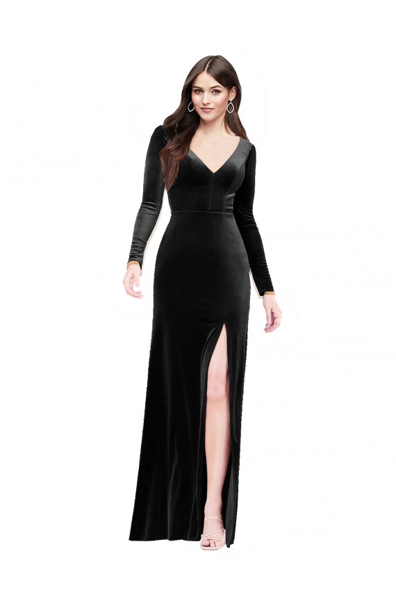 Black V-Neck Long Sleeves V-Back Column Formal Evening Dress