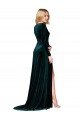 Dark Green V-Neck Long Sleeves A-Line Black Tie Evening Dress