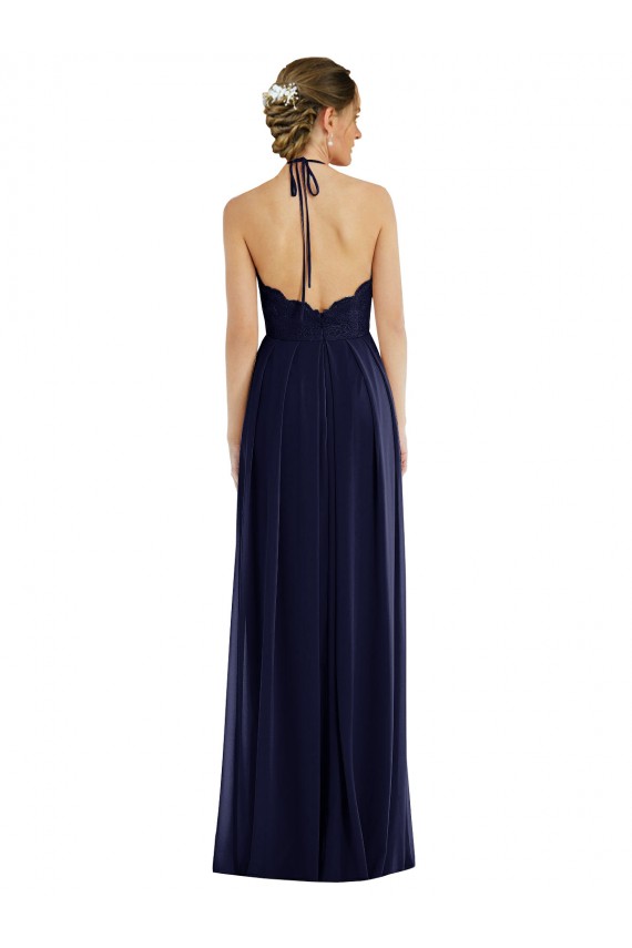 Dark Navy Halter Neck Sleeveless Open Back A-Line Semi Formal Evening Dress