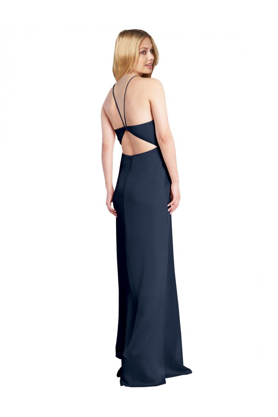 Dark Navy Halter Neck Sleeveless Open Back A-Line Formal Evening Dress