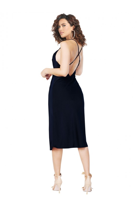 Dark Navy Cowl Neck Sleeveless Open Back A-Line Formal Evening Dress
