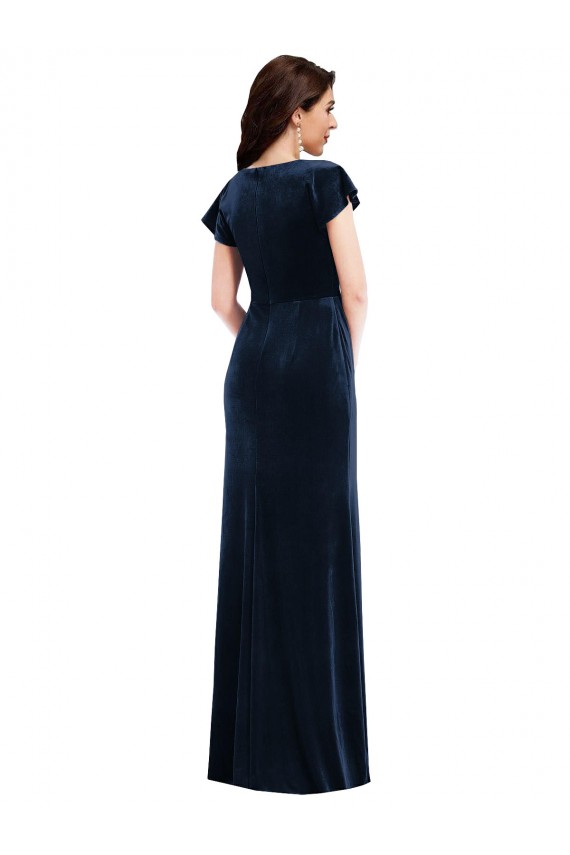 Dark Navy V-Neck Flutter Sleeves A-Line Formal Dress