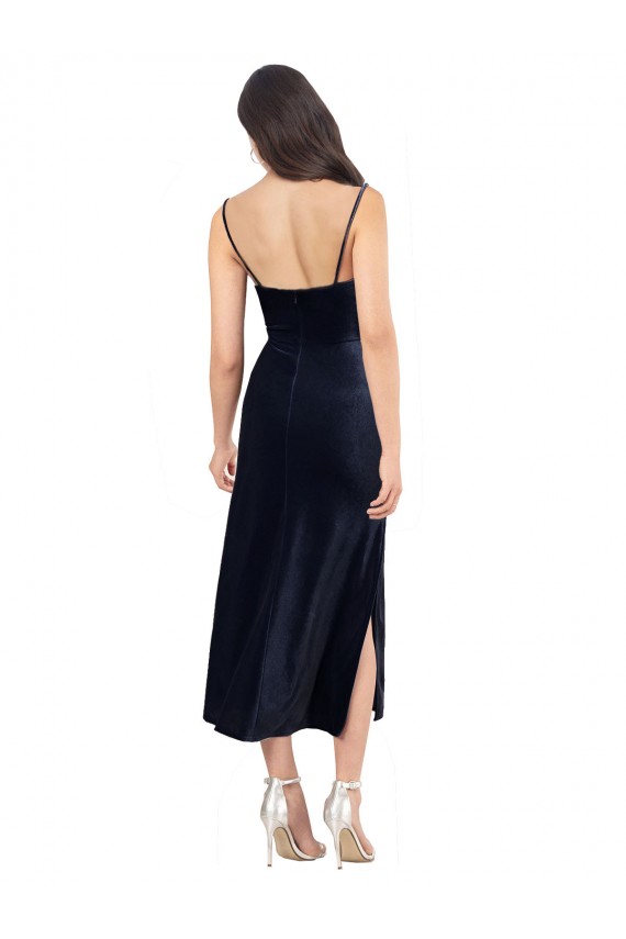 Dark Navy Cowl Neck Sleeveless Low Back Column Formal Evening Dress