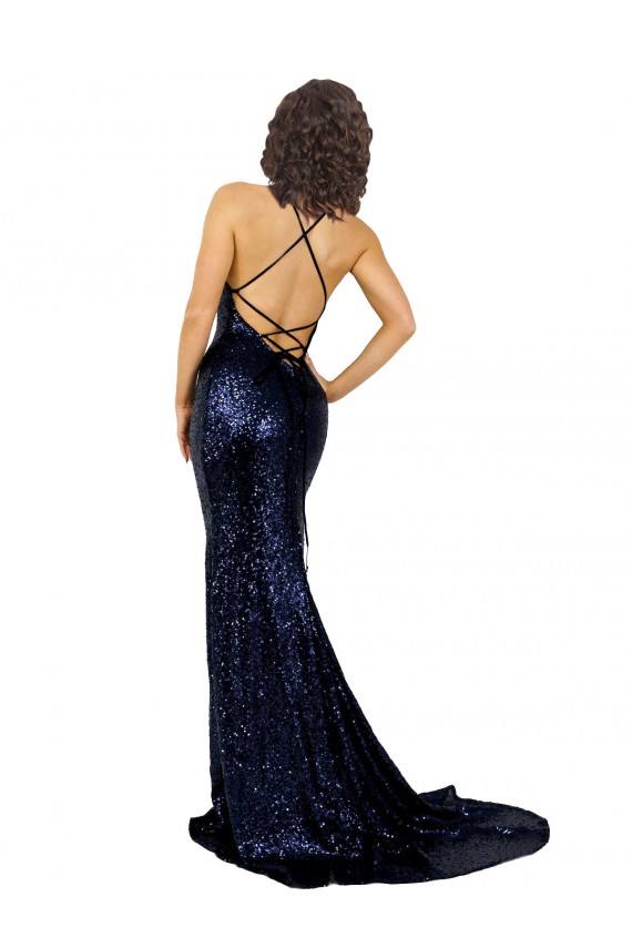 Dark Navy V-Neck Sleeveless Open Back Mermaid Formal Evening Dress