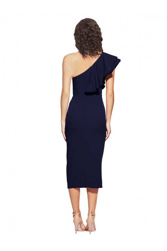 Dark Navy One Shoulder Sleeveless Stretch Crepe Sheath Formal Evening Dress