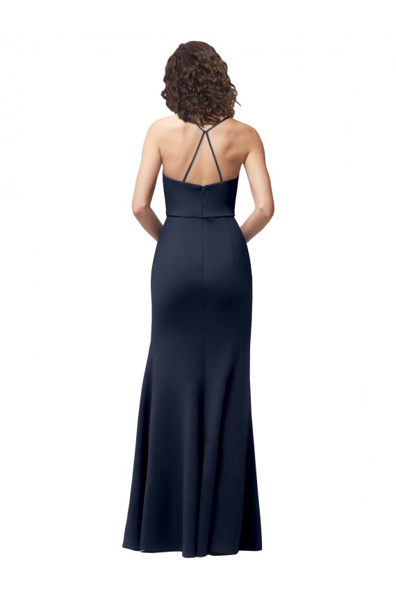 Dark Navy High Neck Sleeveless Open Back Sheath Formal Evening Dress