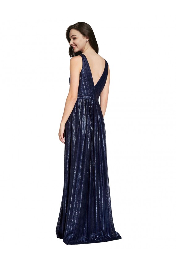 Dark Navy V-Neck Sleeveless V-Back Sheath Formal Evening Dress