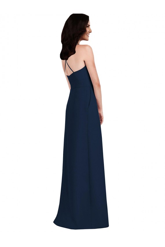 Dark Navy Halter Neck Sleeveless Open Back Trumpet Semi Formal Evening Dress